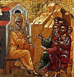 Преподобный Антоний беседует с людьми. Фрагмент иконы XVI в.